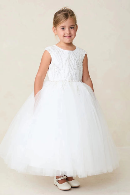 Beaded strands run vertically down the off-white flower girl dress's bodice.