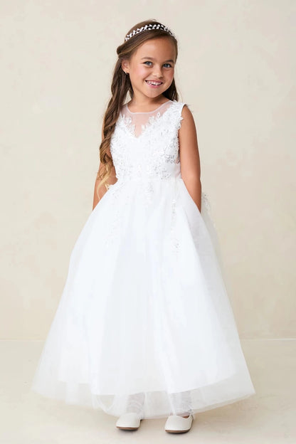 Raised lace flowers edge the off-white flower girl dress's V neckline.