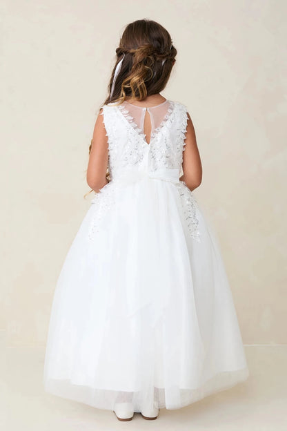 Floral lace borders the sheer back V of an off-white flower girl dress.