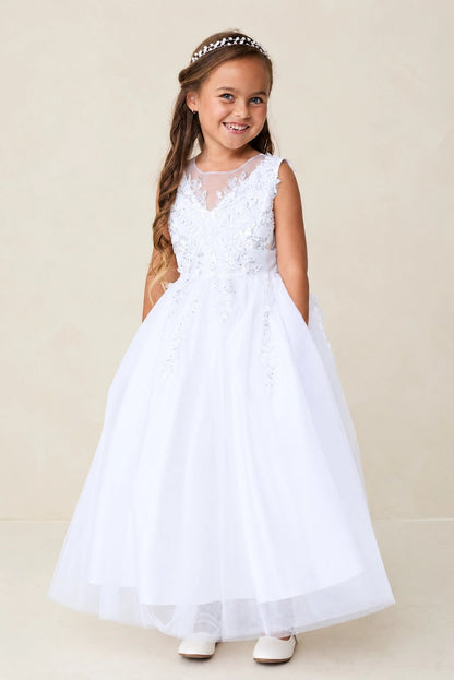 White flower girl dress with a floral sleeveless bodice.