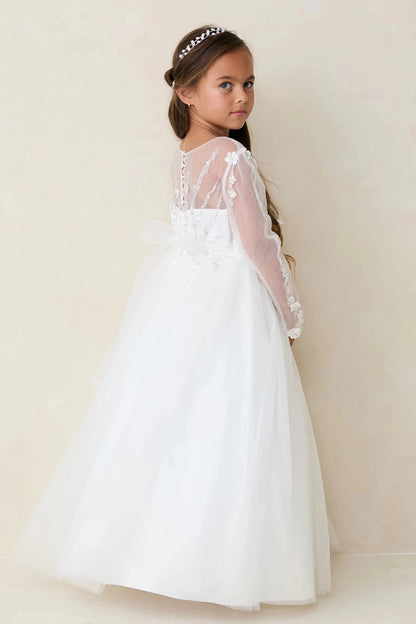 Off-White flower girl dress detailed with floral lace sleeves.
