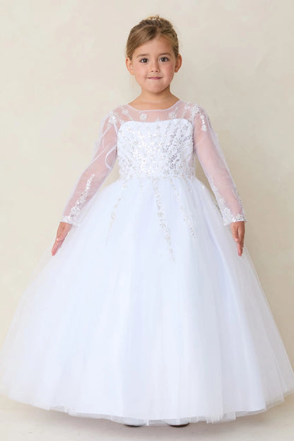 A view of sheer sequin sleeves on the white flower girl dress.