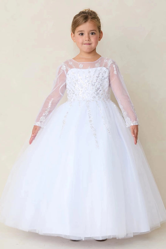 A view of sheer sequin sleeves on the white flower girl dress.