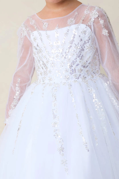 This white flower girl dress displays a beaded floral bodice.