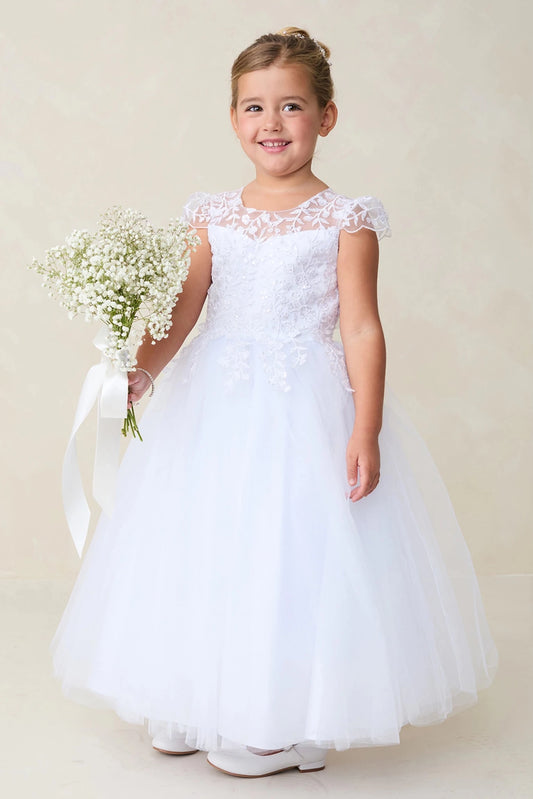 A view of floral cap sleeves on the white flower girl dress.