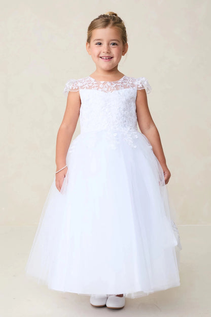 The white flower girl dress features a full tulle skirt.