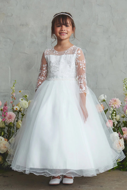 A view of sheer floral sleeves on the white flower girl dress.