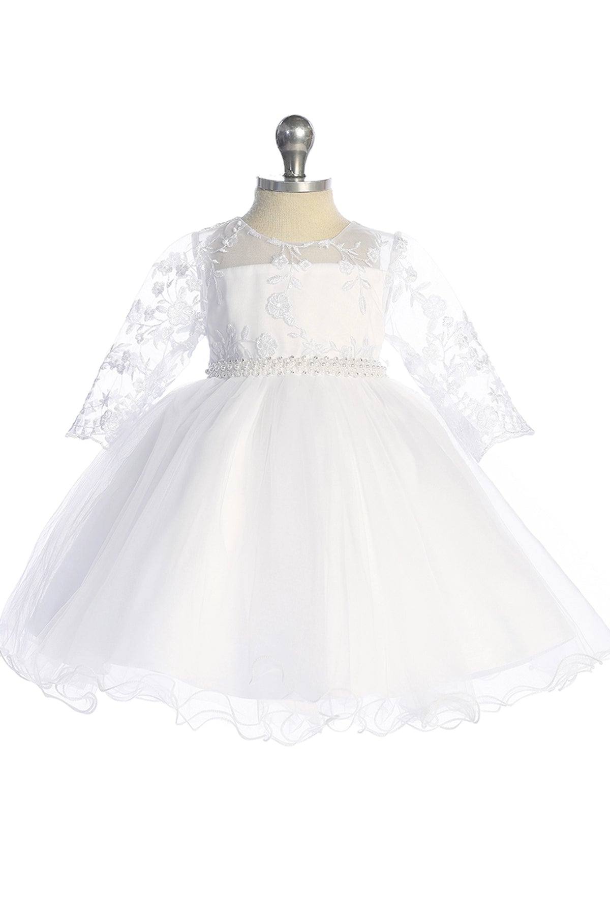 White flower girl dress with a beaded lace bodice.