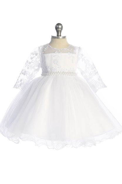 White flower girl dress with a beaded lace bodice.