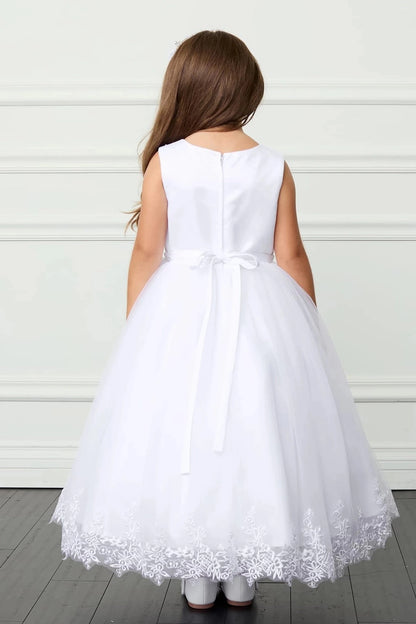 White flower girl dress with a small satin back sash.