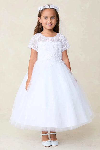 White flower girl dress with short floral sleeves.