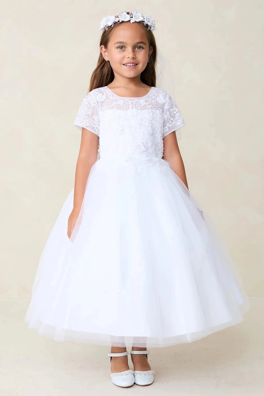 White flower girl dress with short floral sleeves.