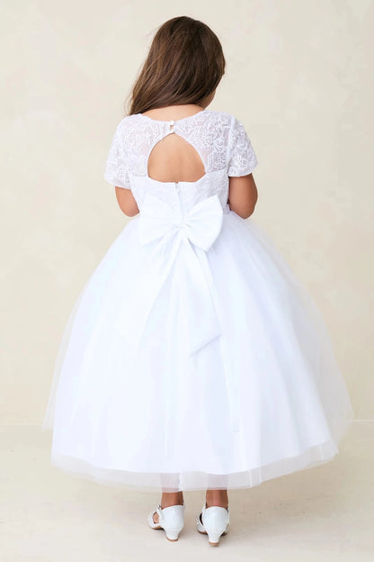 This white flower girl dress displays an oversized satin back bow.