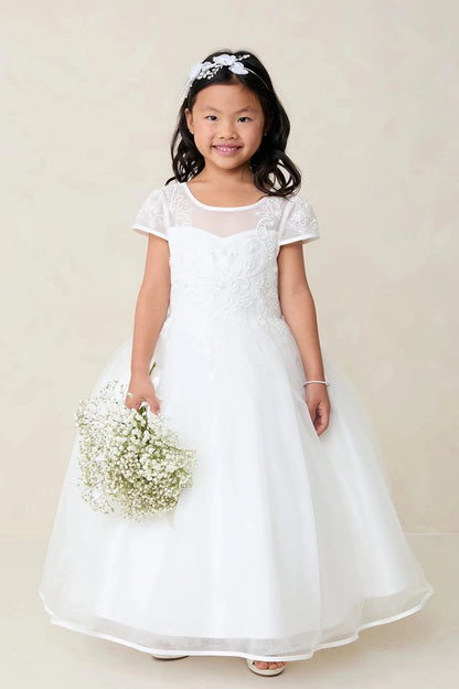 Off-White flower girl dress featuring short lace sleeves.