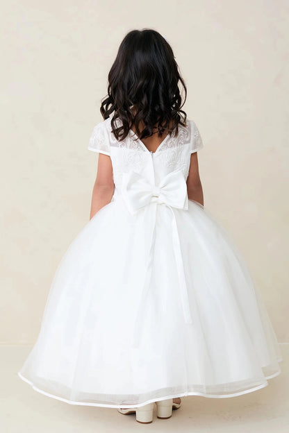 Detailed with a large back bow, this off-white flower girl dress.