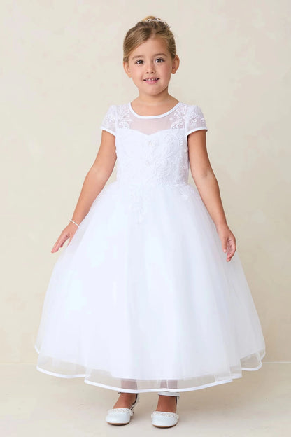 A view of a sheer round neckline on the white flower girl dress.