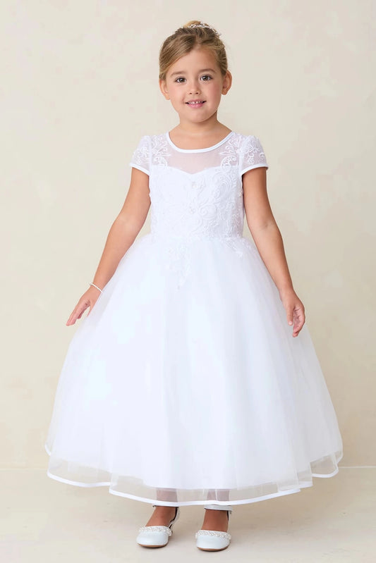 A view of a sheer round neckline on the white flower girl dress.