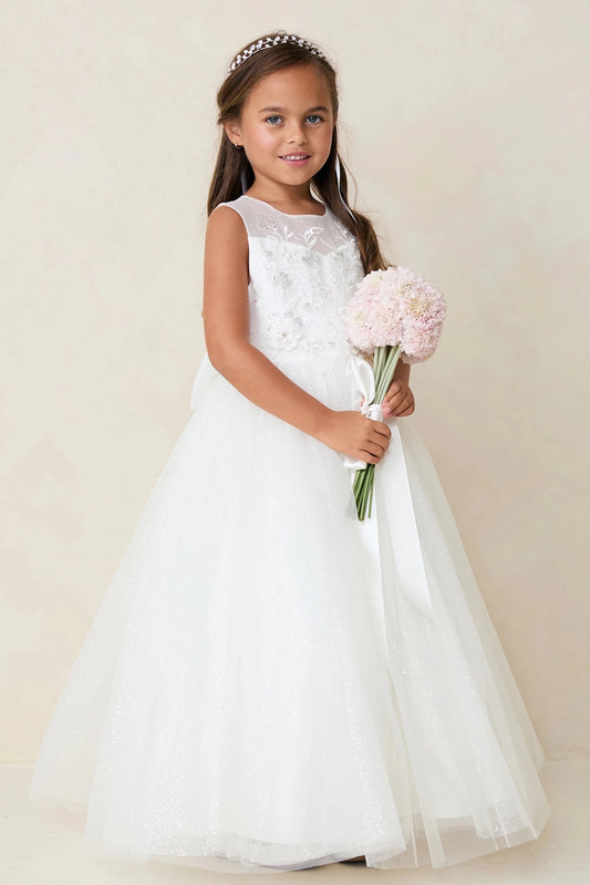 This off-white flower girl dress displays a 3D floral bodice.