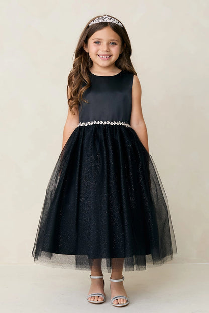 Black kids pageant dress featuring a satin bodice and sparkling tulle skirt.
