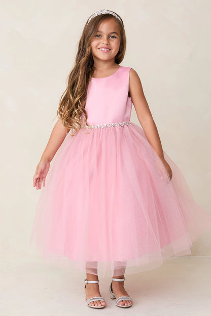 Dusty Rose kids pageant dress featuring a satin bodice and sparkling tulle skirt.