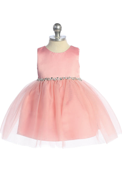 The Dusty Rose kids pageant dress has a satin bodice and sparkling tulle skirt.
