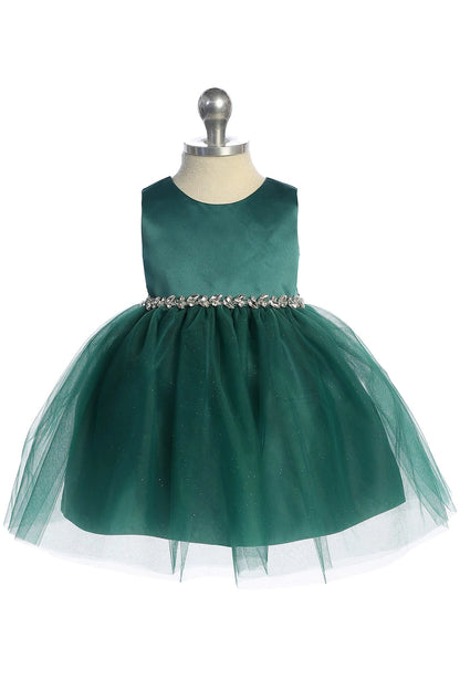 The Emerald kids pageant dress has a satin bodice and sparkling tulle skirt.