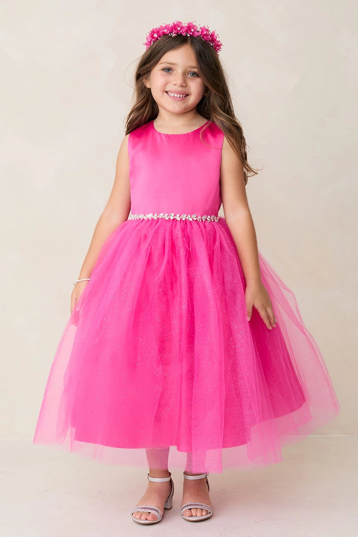 Fuchsia kids pageant dress featuring a satin bodice and sparkling tulle skirt.