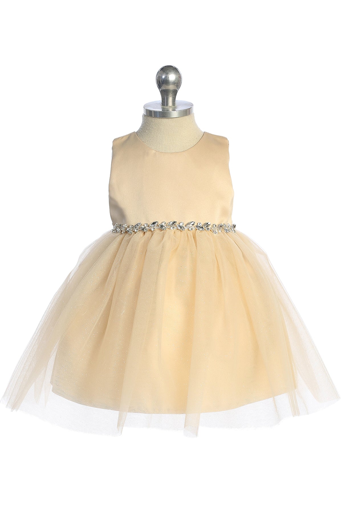 The Gold kids pageant dress has a satin bodice and sparkling tulle skirt.