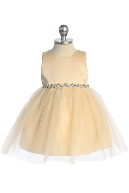The Gold kids pageant dress has a satin bodice and sparkling tulle skirt.