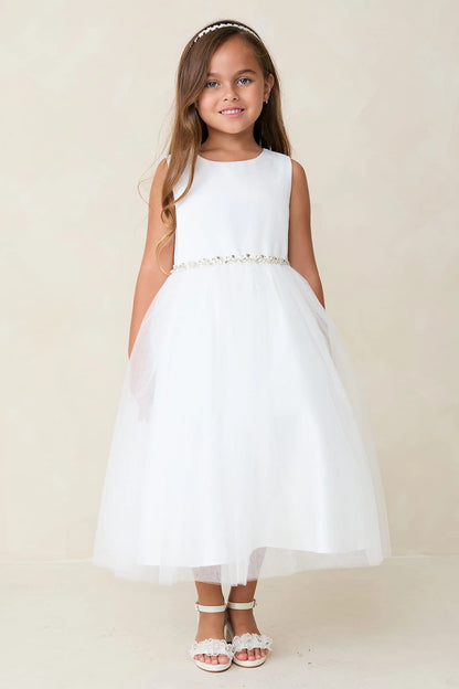 Ivory kids pageant dress featuring a satin bodice and sparkling tulle skirt.