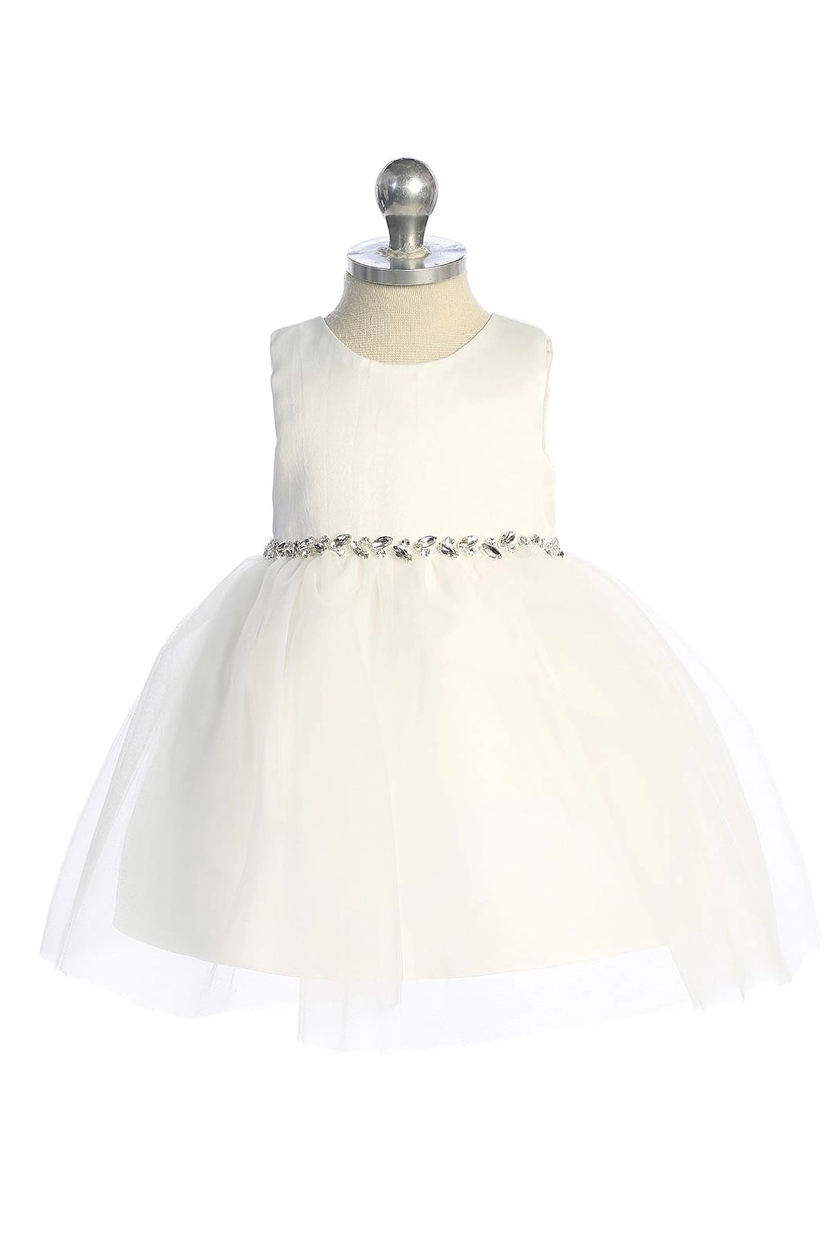 The Ivory kids pageant dress has a satin bodice and sparkling tulle skirt.