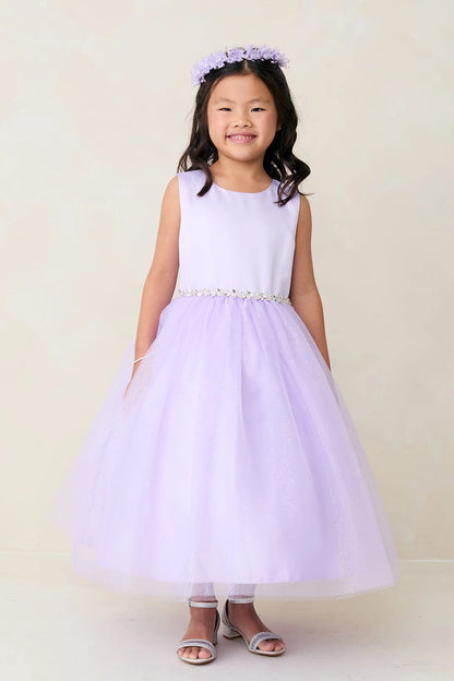 Lilac kids pageant dress featuring a satin bodice and sparkling tulle skirt.