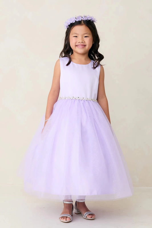Lilac kids pageant dress featuring a satin bodice and sparkling tulle skirt.