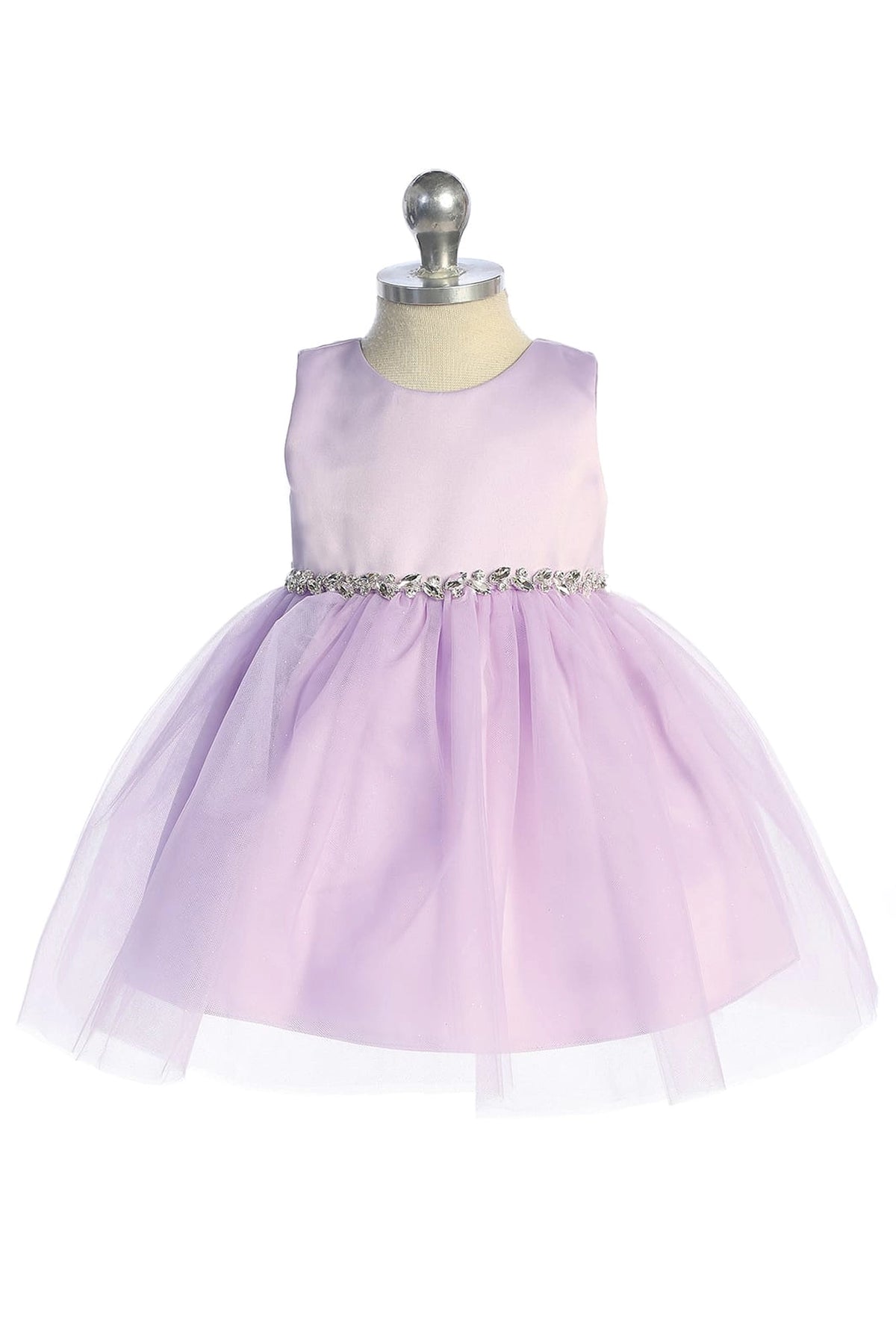 The Lilac kids pageant dress has a satin bodice and sparkling tulle skirt.