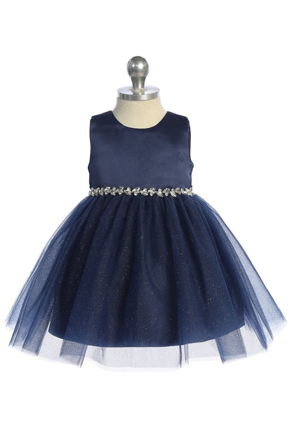 Visible details on the Navy Blue kids pageant dress include a satin bodice and sparkling tulle skirt.