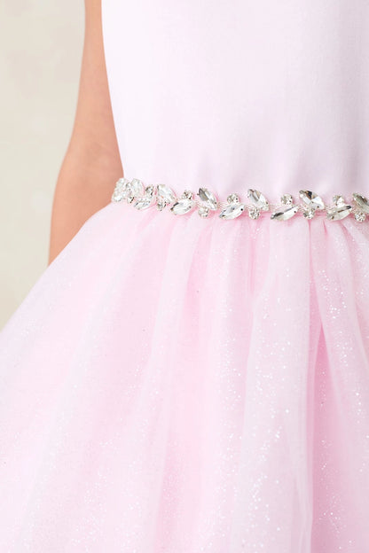 Visible details on the Pink kids pageant dress include rhinestones along the satin waist.