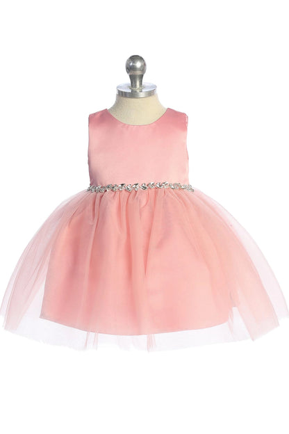 Another view of the Pink kids pageant dress shows a satin bodice and sparkling tulle skirt.