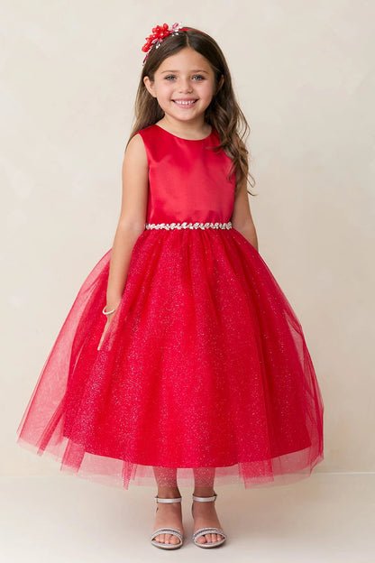 Red kids pageant dress featuring a satin bodice and sparkling tulle skirt.