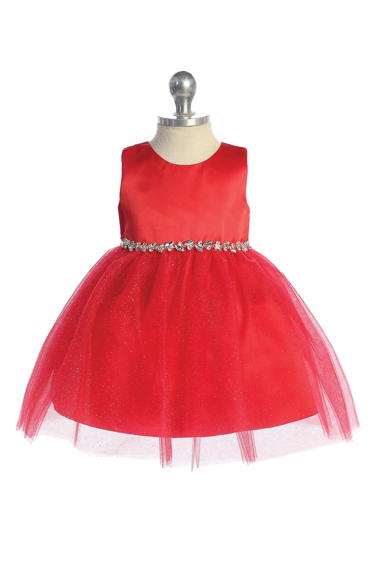 Visible details on the Red kids pageant dress include a satin bodice and sparkling tulle skirt.