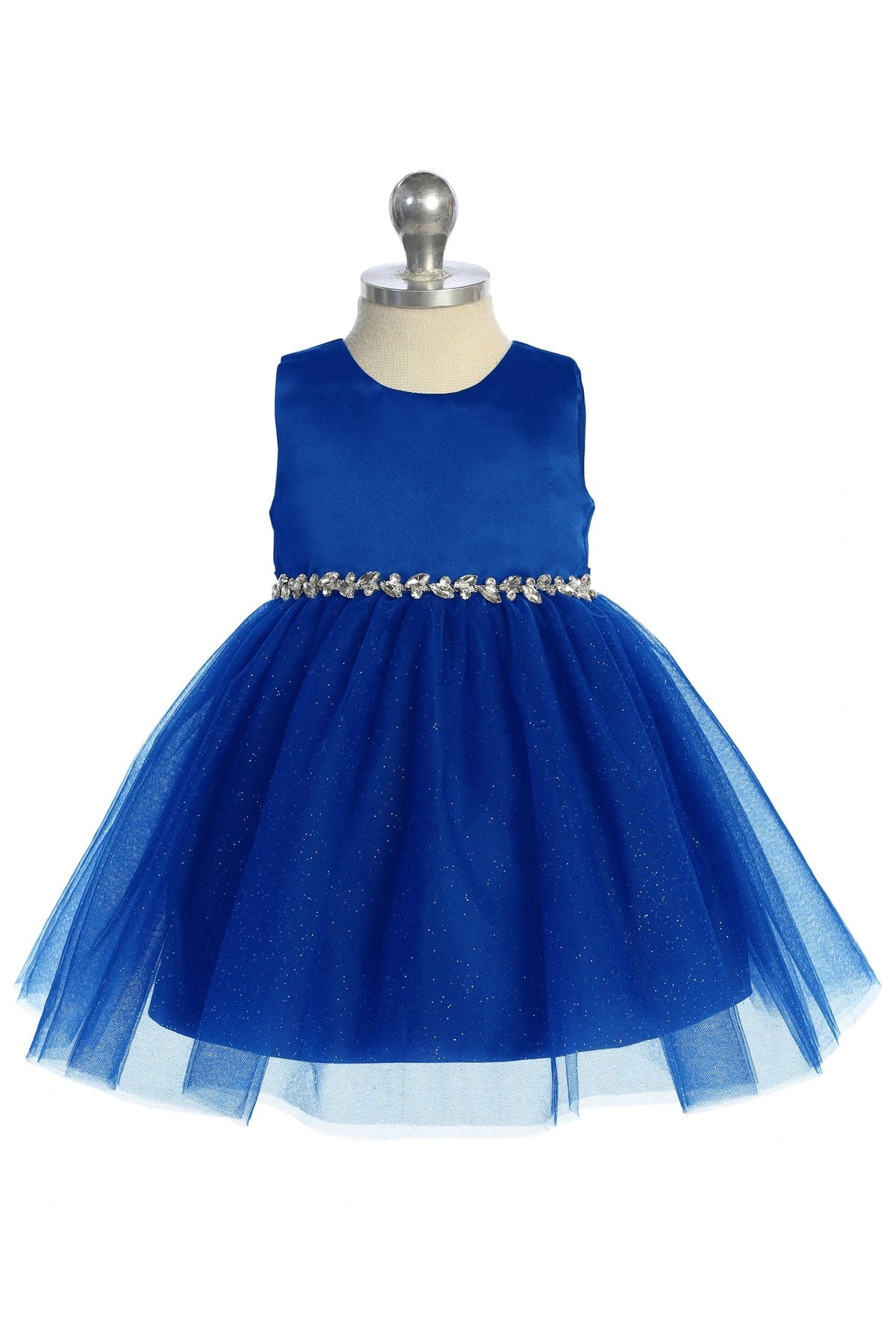 Royal Blue kids pageant dress featuring a satin bodice and sparkling tulle skirt.