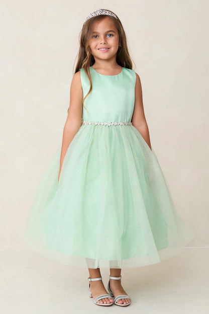 Sage kids pageant dress featuring a satin bodice and sparkling tulle skirt.