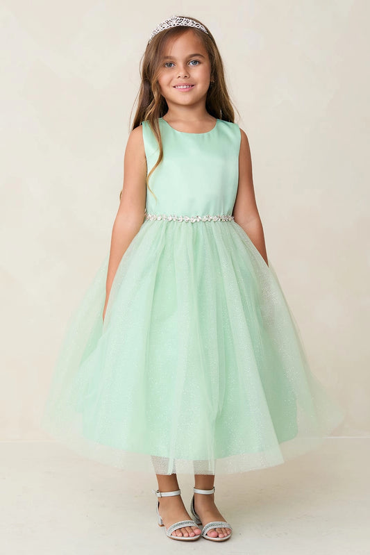 Sage kids pageant dress featuring a satin bodice and sparkling tulle skirt.