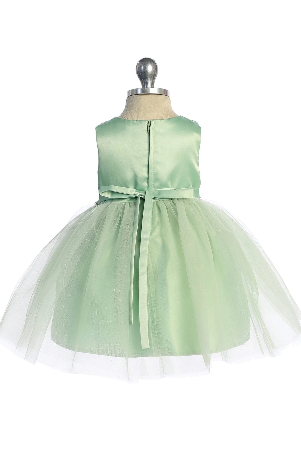 Visible details on the Sage kids pageant dress include a satin bodice and sparkling tulle skirt.
