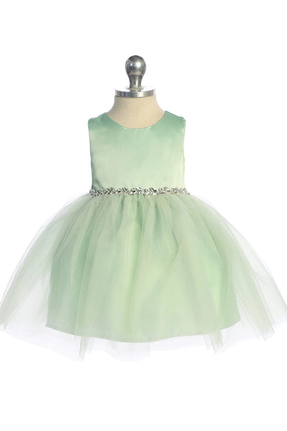 Seen from the front, this Sage kids pageant dress displays a satin bodice and sparkling tulle skirt.