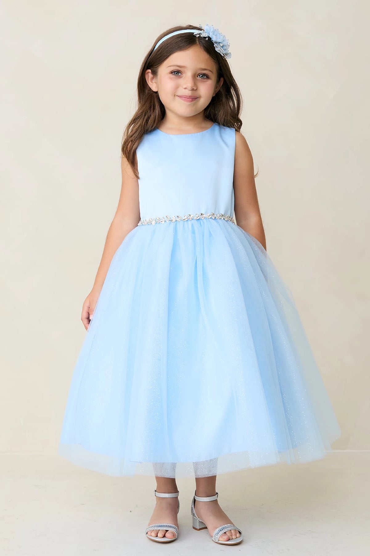 Sky Blue kids pageant dress featuring a satin bodice and sparkling tulle skirt.