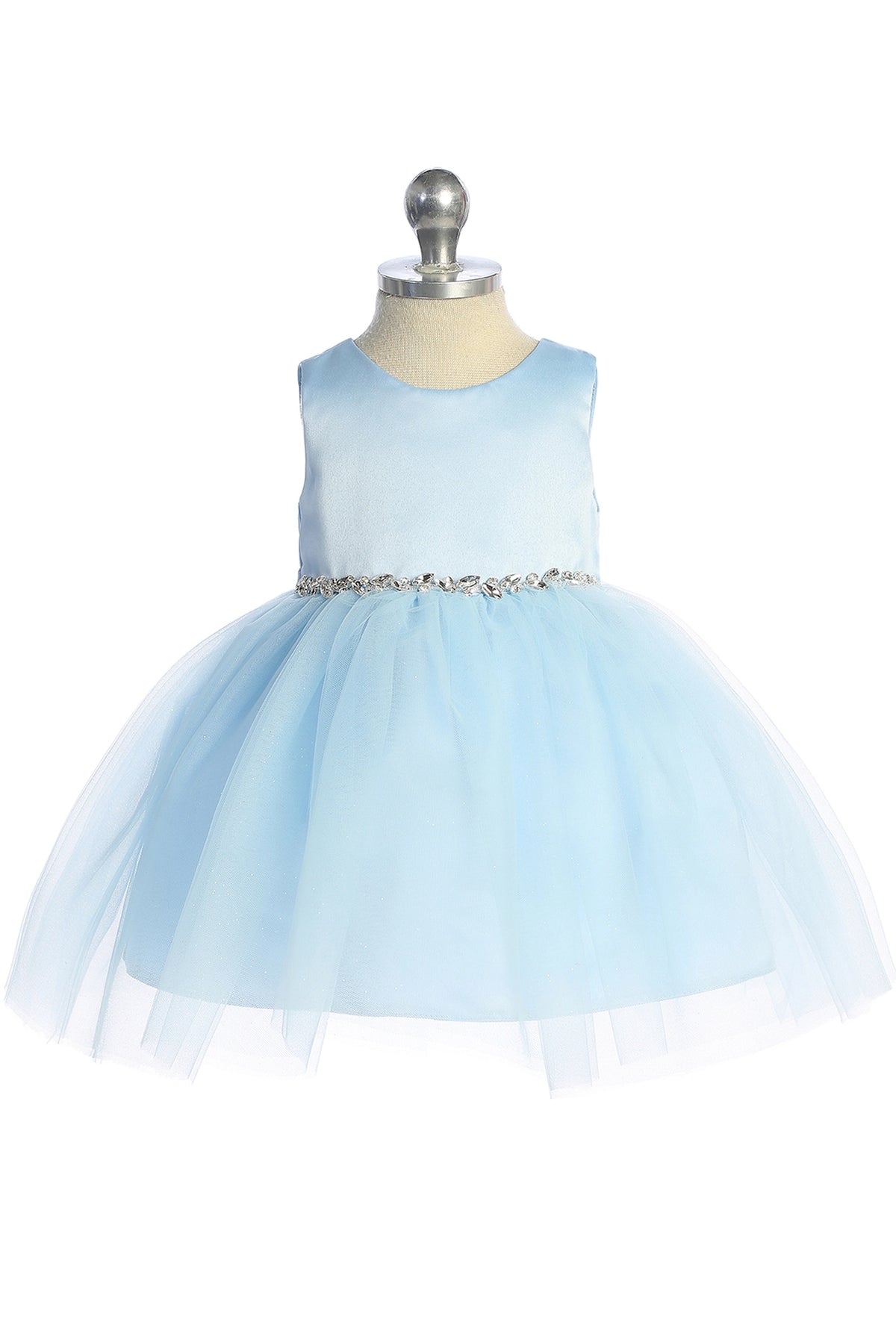 The Sky Blue kids pageant dress has a satin bodice and sparkling tulle skirt.