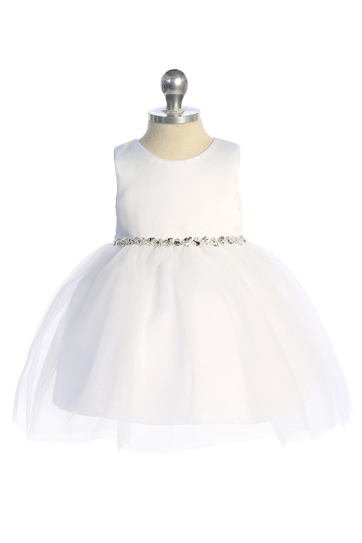 Visible details on the White kids pageant dress include a satin bodice and sparkling tulle skirt.