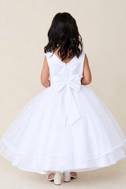 Featuring a satin back bow, a white flower girl dress.