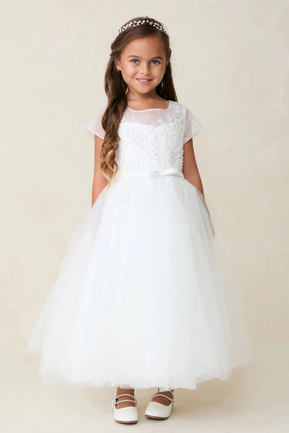 Short sheer sleeves accent this off-white flower girl dress.