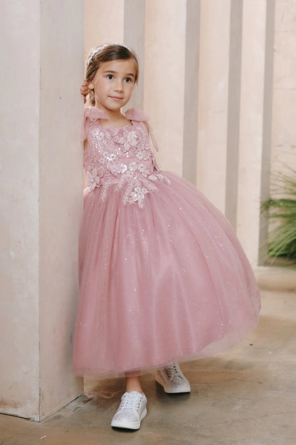 With a beaded flower waist, a dusty rose flower girl dress.